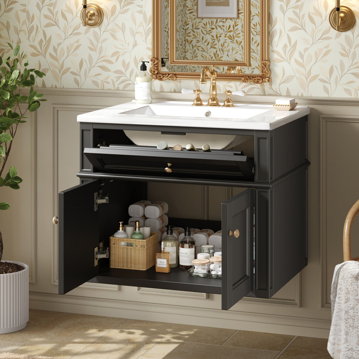 Wall Mounted Bathroom Vanity With Tip Out Drawer And Open Back Design