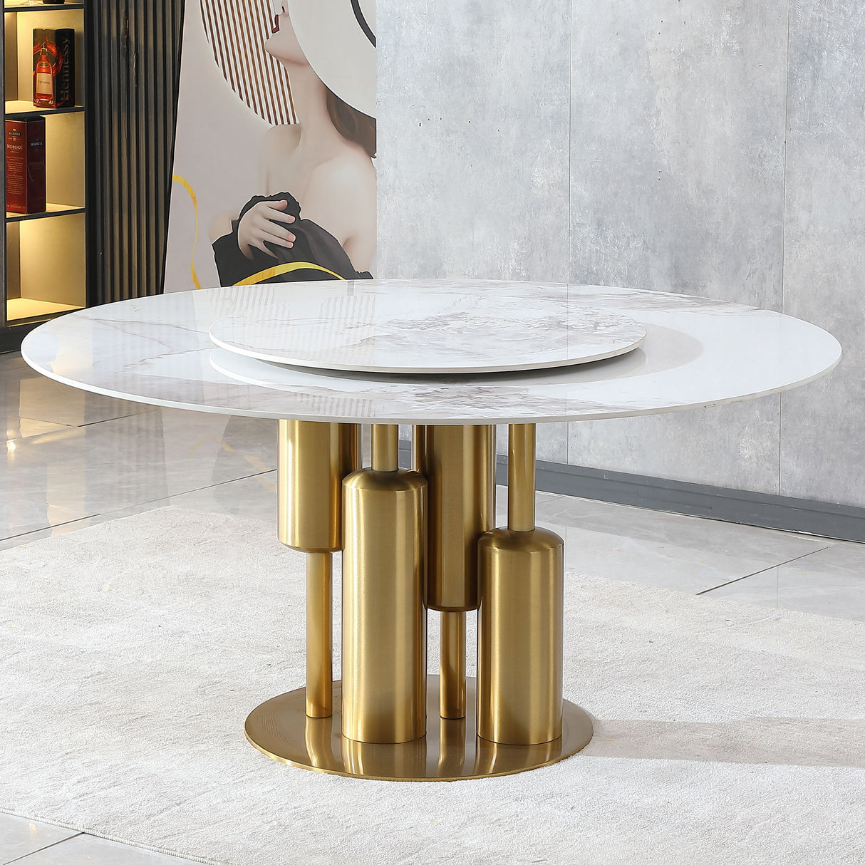Dining Table, Round For Dining Room - Gold / Gold / White