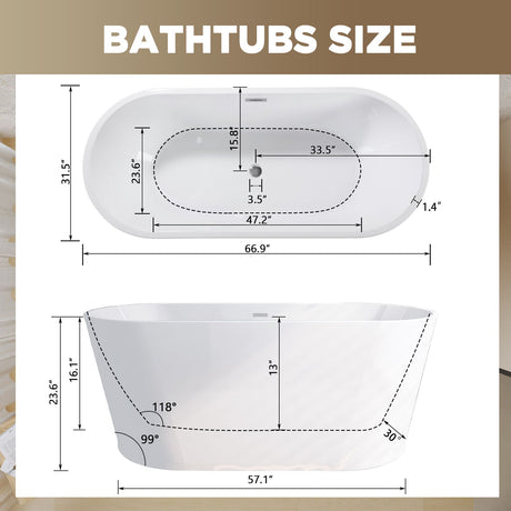 Glossy Freestanding Bathtub With Toe Tap Drain