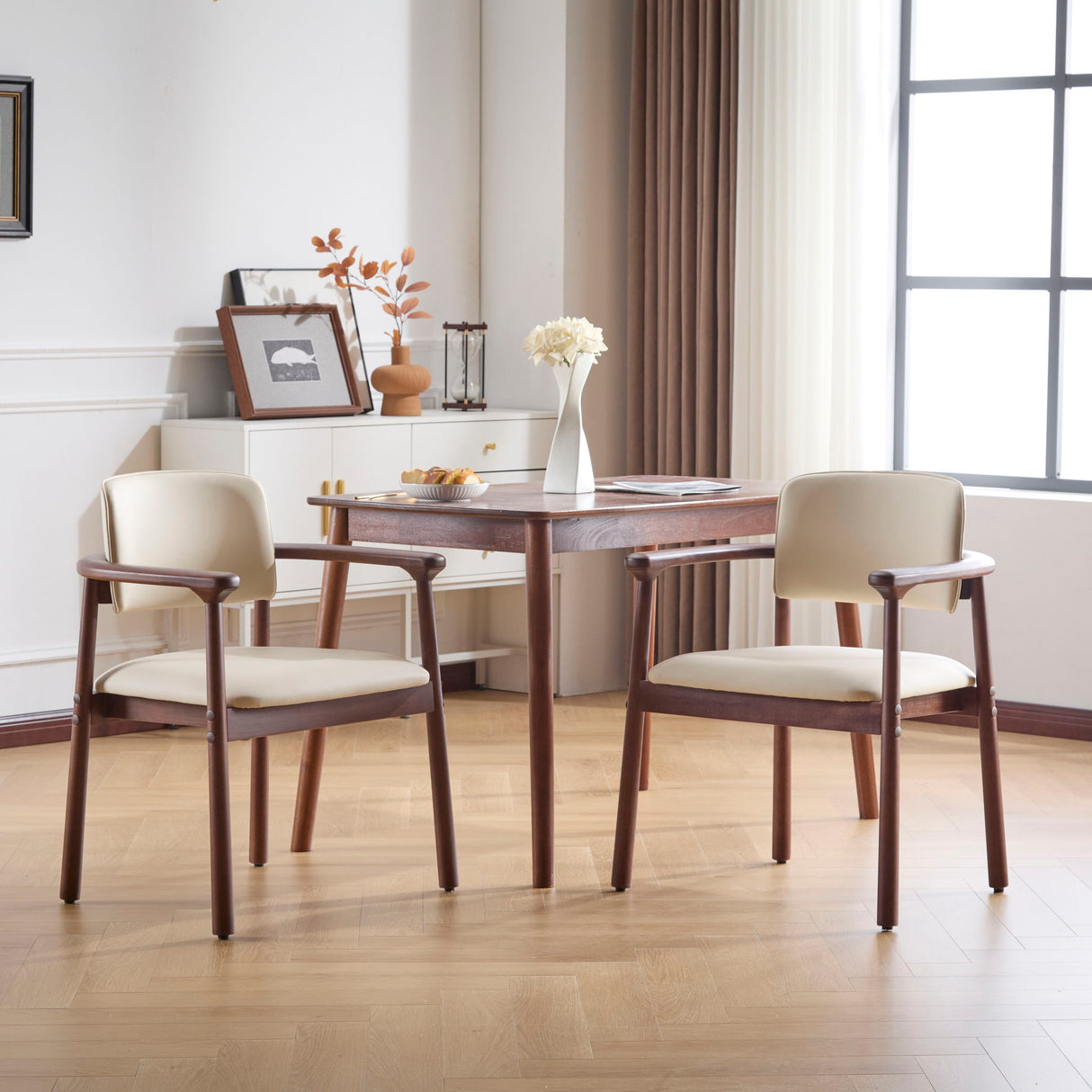 Dining Room Chairs, Ideal For Home & Kitchen (Set of 2) - Beige / Dark Walnut