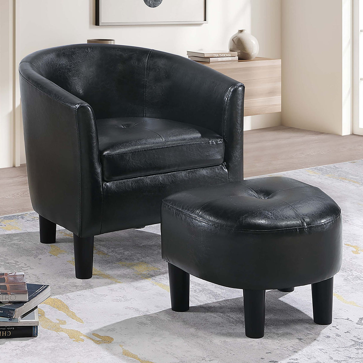 Accent Chair With Matching Ottoman Upholstered Round Backrest, Seating Set - Black