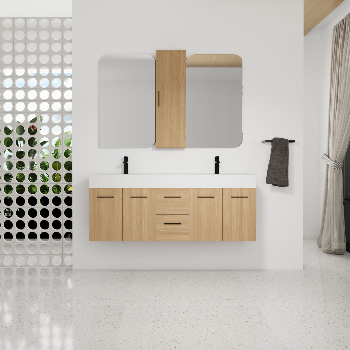 Floating Double Sink Bathroom Vanity Set With Tall Linen Cabinet, Drawers And Doors, Extra Large Storage, Integrated Sink, Soft Close Hardware - Glossy White / Light Oak