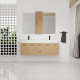 Floating Double Sink Bathroom Vanity Set With Tall Linen Cabinet, Drawers And Doors, Extra Large Storage, Integrated Sink, Soft Close Hardware - Glossy White / Light Oak