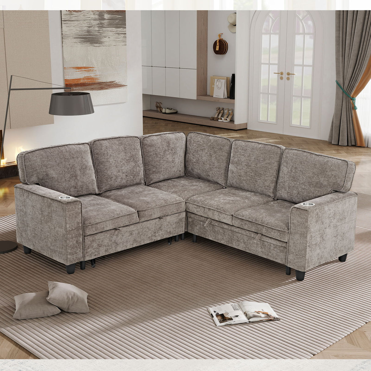 L-Shaped Sofa With Pull Out Sofa Bed With USB
