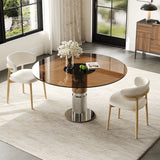 Round Dining Table & Tempered Glass Top - Brown