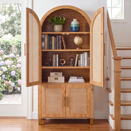 Tall Arched Cabinet With Rattan Doors & Adjustable Shelves