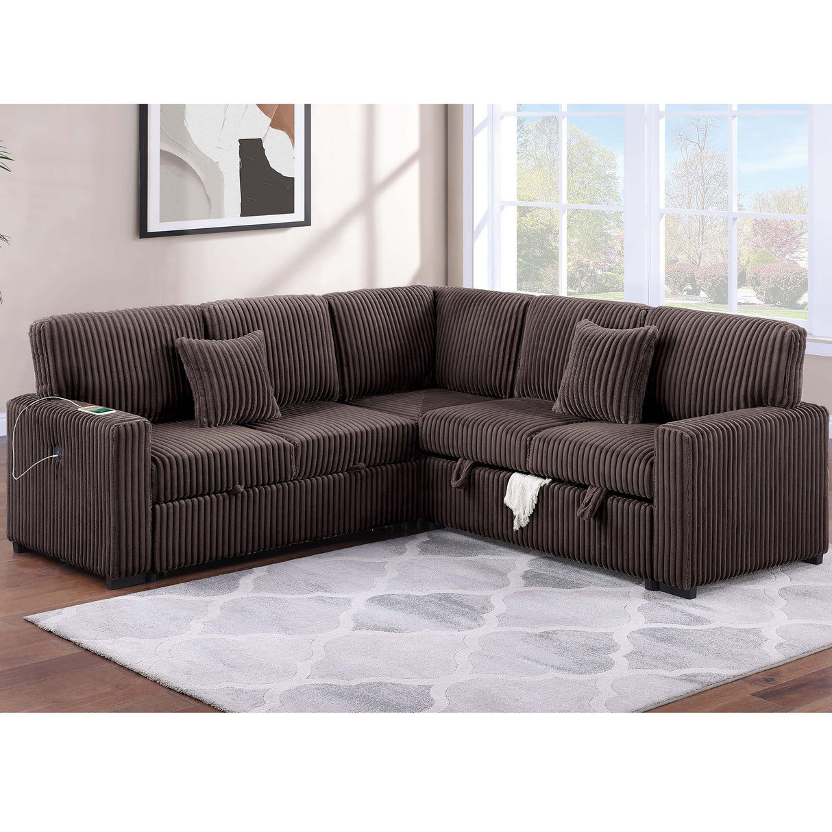 Convertible Sectional Upholstered Sleeper Sofa With Storage Chaise