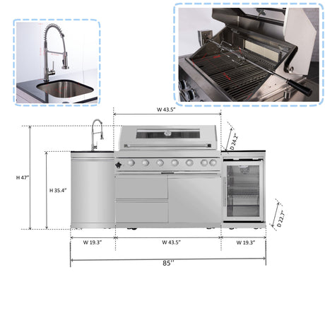 6 Burner 85, 000 Btu Deluxe Gas Outdoor Kitchen Island Grill With Wine Cooler Refrigerator, Rotisserie, Storage Cabinets & Drawers - Silver