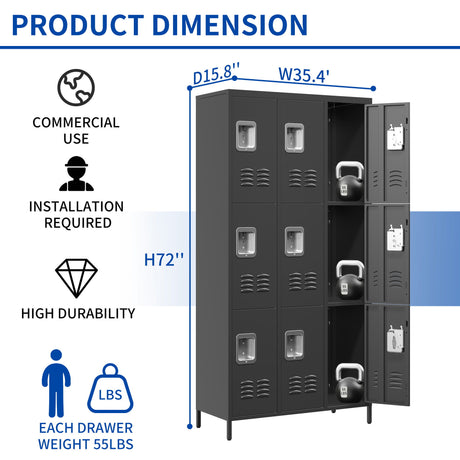 9 Door Lockers With Lock For Secure Storage And - Black