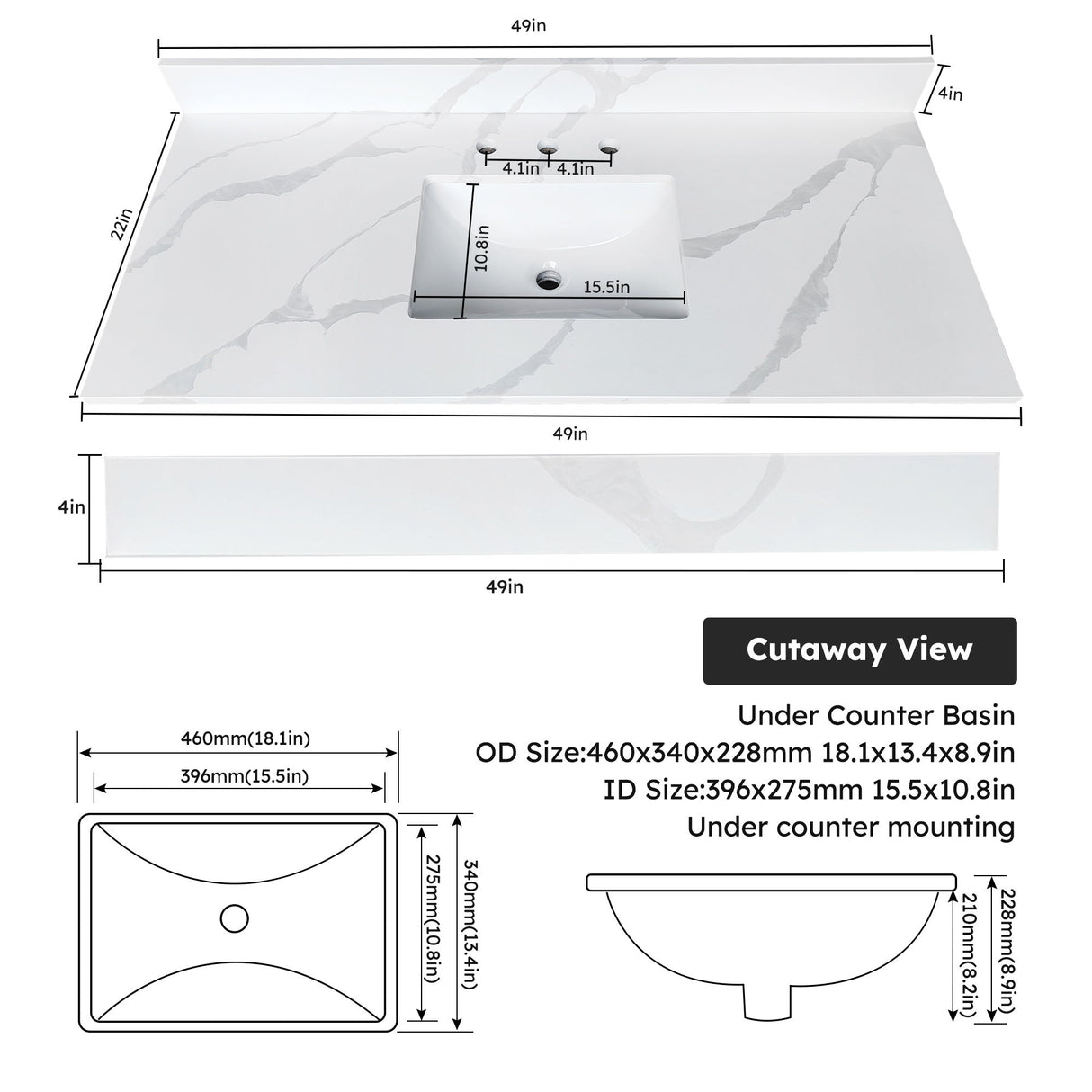 Bathroom Vanity Top With Undermount Sink, 3 Pre Drilled Holes