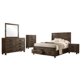 Greely - 5 Piece King Storage Bedroom Set Includes Bed, Nightstand, Dresser, Mirror & Chest - Rustic Brown