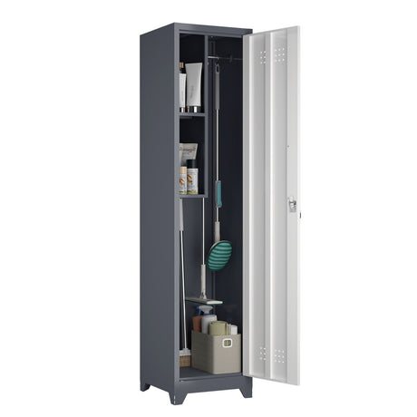 Broom Storage Cabinet Narrow Slim With Hooks And Shelves, Heavy-Duty