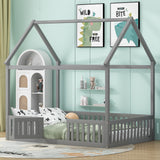 Wood House Bed With Fence And Door