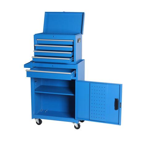 Tool Chest, 5 Drawer Rolling Tool Storage Cabinet With Detachable Top Tool Box, Liner, Universal Lockable Wheels, Adjustable Shelf, Locking Mechanism, Metal Tool Cart For Garage Workshop