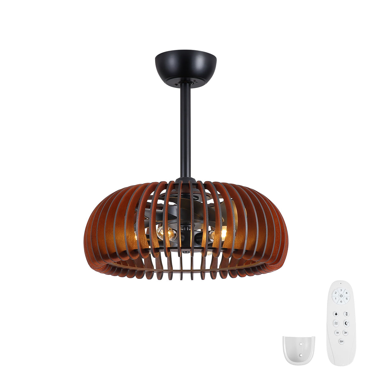 Pumpkin Ceiling Fan, Fandelier With 6 E12 Sockets, Reversible DC Motor, Adjustable Hanging, 6 Speeds Remote Control - Black