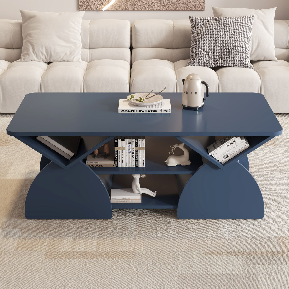 Geometric Engineered Coffee Table With Rounded Corners With Open Shelves