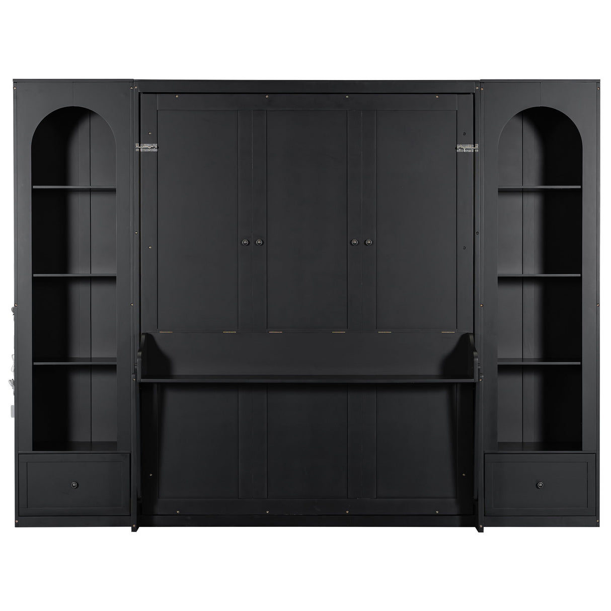 French Style Murphy Platform Bed With Shelf, Side Cabinets, Drawers And LED