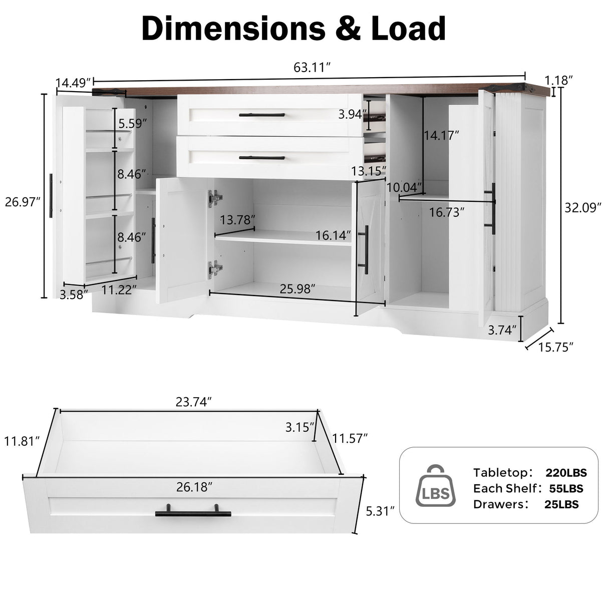 Barn Door Storage Cabinet With 2 Drawers & Door Rack, Adjustable Shelves