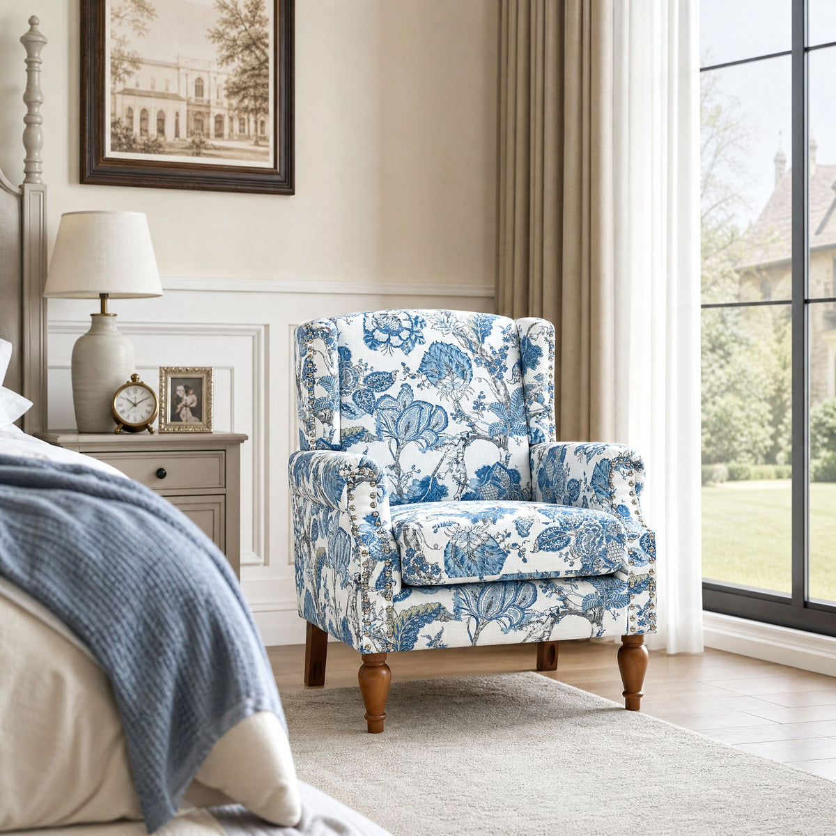 Accent Chair With Floral Upholstery And Nailhead Trim