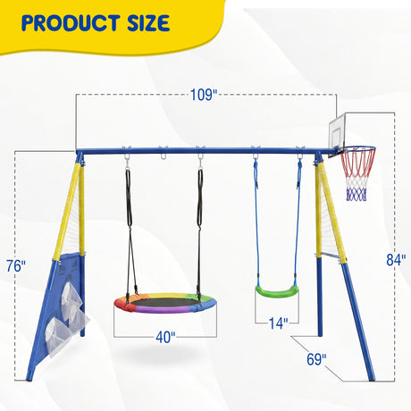 5 In 1 Kids Swing Set With Saucer Swing, Belt Swing, Basketball Hoop & Soccer Goal - Blue / Yellow