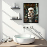 Framed Bathroom Decor, Cute Puppy Wall Art In Picture Frame, 3D Canvas Print - Indigo / White