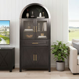 Arched Kitchen Pantry Cabinet With Adjustable Shelves And Barn Door Design