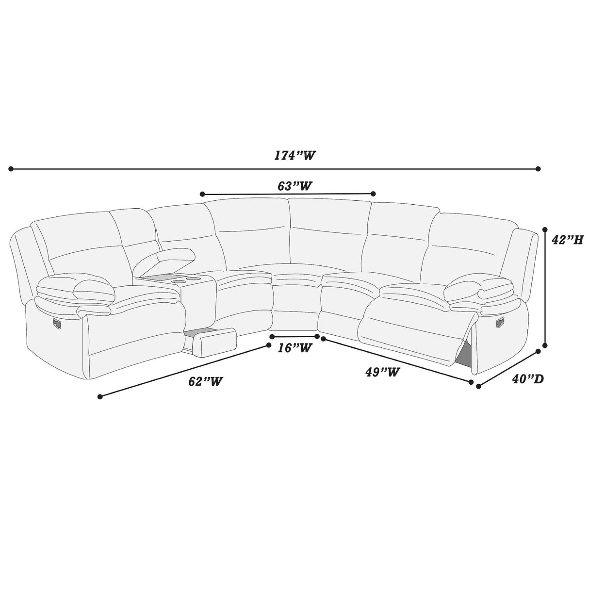U-Shaped Sectional Sofa With Console Cup Holder, Storage Drawer, Manual Reclining