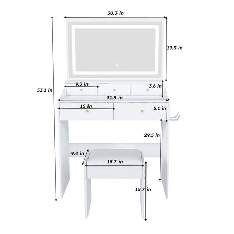 Modern Makeup Vanity Set With Power Outlet, Hair Dryer Holder, And Adjustable Lighting