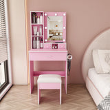 Vanity Table With Mirror, Adjustable LED Lights, Power Outlet, Hairdryer Holder & Stool