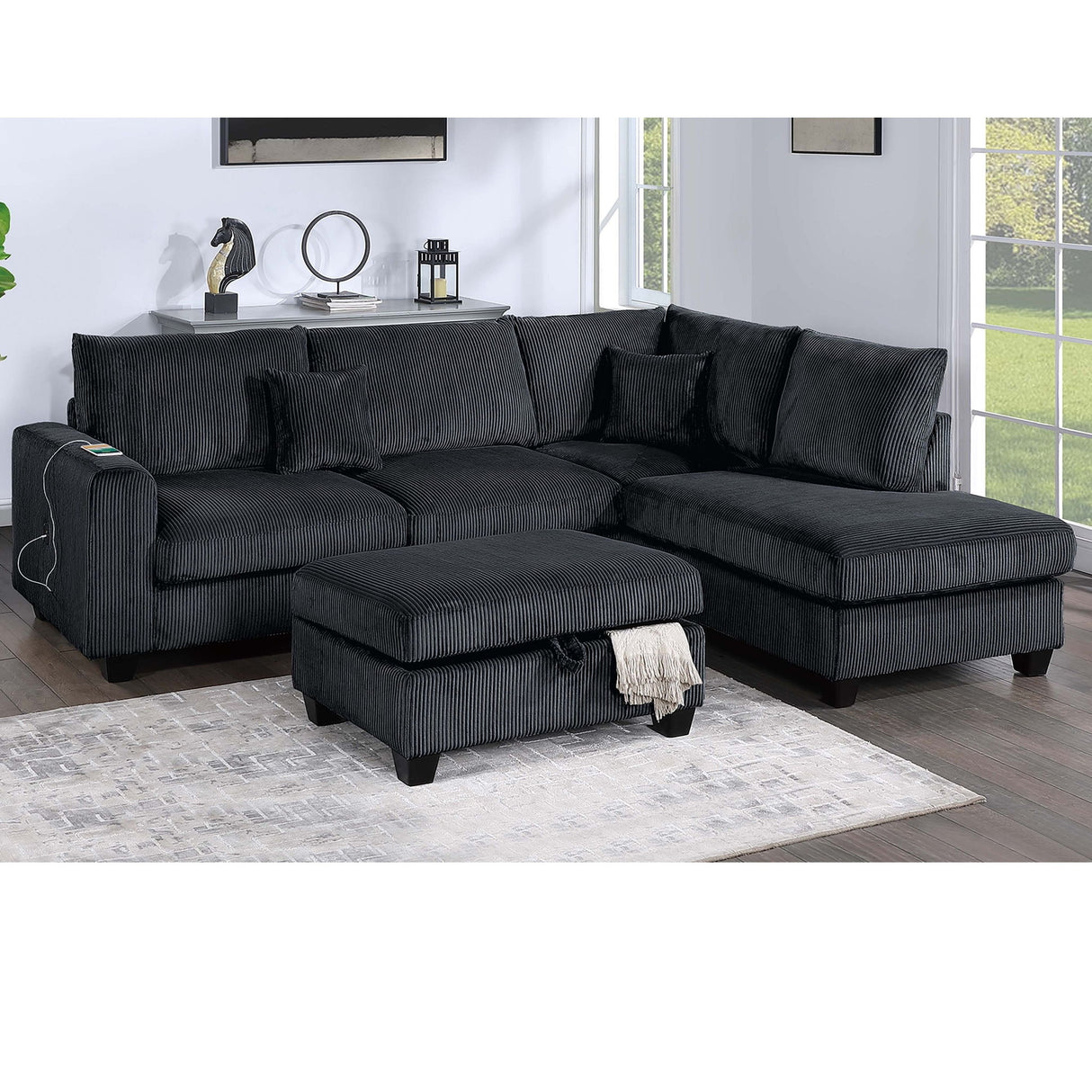 Modern Style Sectional Set With USB Port, Storage Ottoman