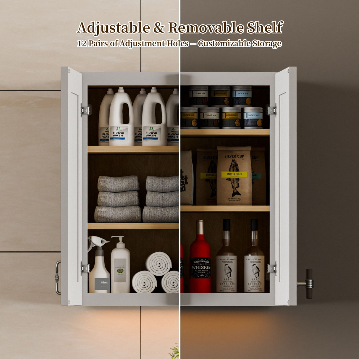 Shaker Wall Cabinet With Soft Close Hinges, Adjustable Shelves, Double Door