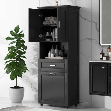 Tall Bathroom Cabinet With Tilt-Out Laundry Basket And Upper Storage
