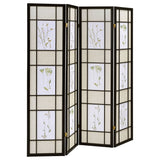 4 Panel Folding Screen With Floral Motif - Black