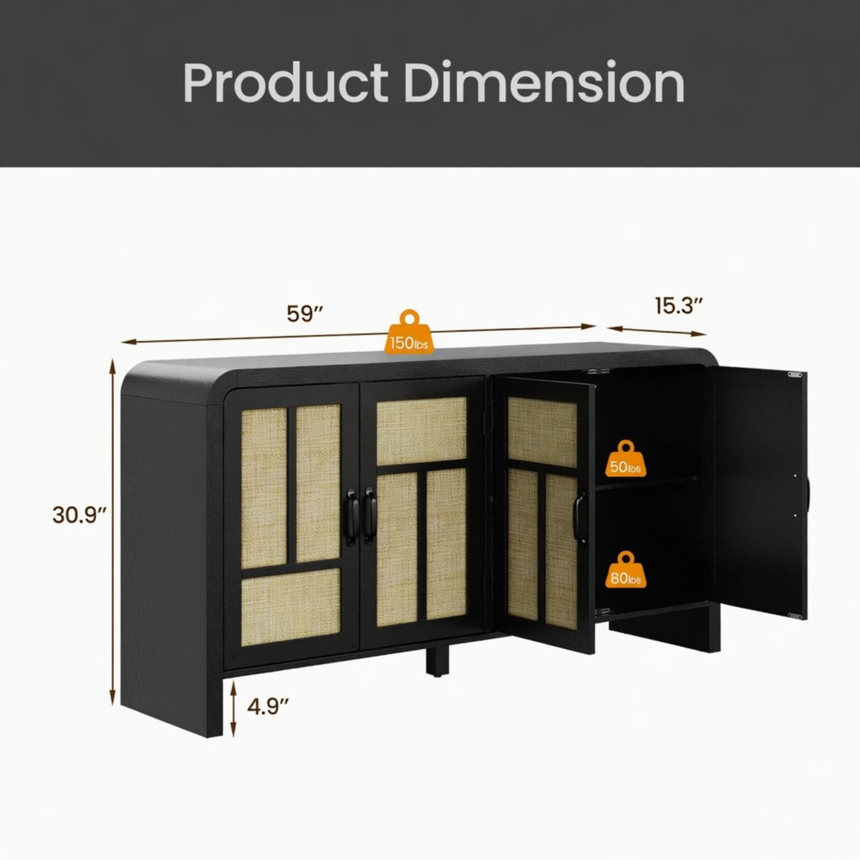 Sideboard Buffet Cabinet With 4 Doors & Adjustable Shelves - Black