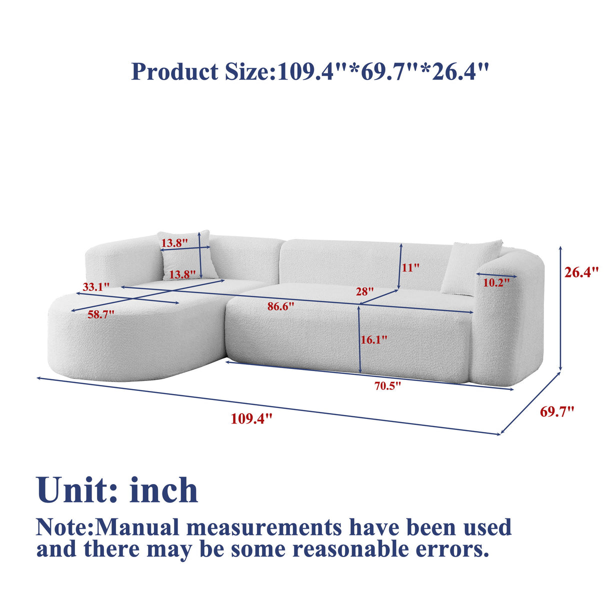 L - Shape Boneless Cloud Couch With 2 Throw Pillows For Living Room