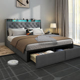 Floating Bed Frame With Rgb LED Light, 2 Storage Drawers & Headboard Shelf