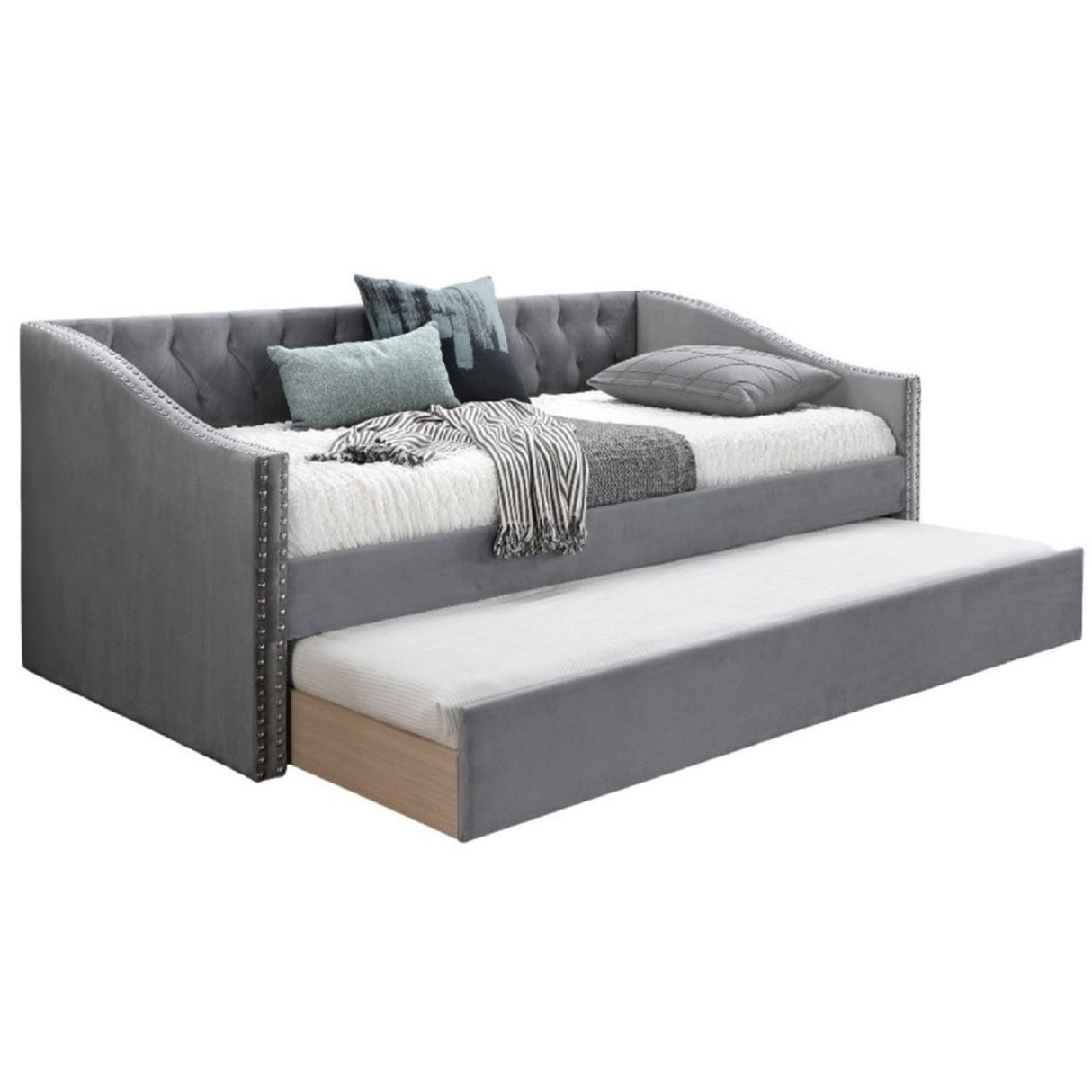 Daybed With Button Tufted Nailhead Trim And Trundle Slat Storage - Gray