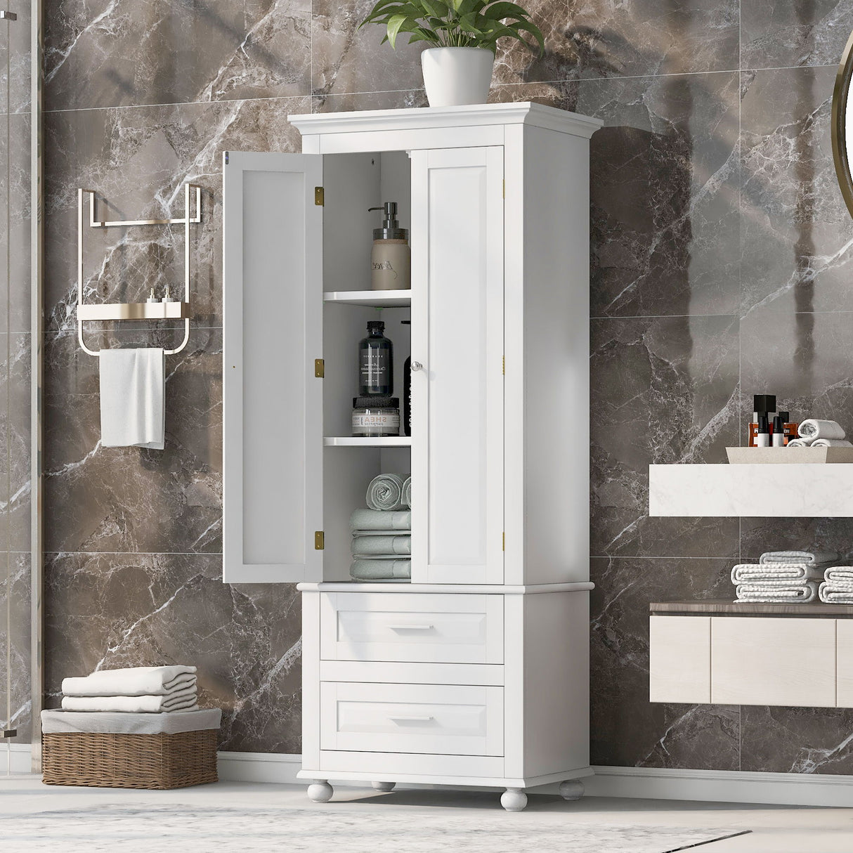 Tall Storage Cabinet With 2 Drawers For Bathroom