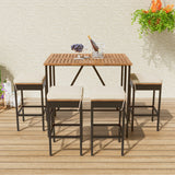 Outdoor Acacia Wood Bar Height Table And Eight Stools With Cushions
