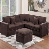 4 Piece Sectional Set With USB Ports, Left Arm Facing / Right Arm Facing Loveseat, Corner Wedge, Cocktail Ottoman, 2 Pillows - Chocolate