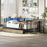Corner Bed Frame Twin Size With Bookcase And 2 Underbed Storage Drawers, Modern Twin Bed With LED Light And Charging Station, Modern Daybed Reversible Left Or Right - Gray