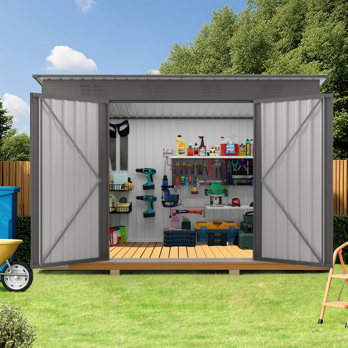Outdoor Storage Shed, Tool House With Sloping Roof, 6 Vents And 2 Swing Doors For Backyard - Gray
