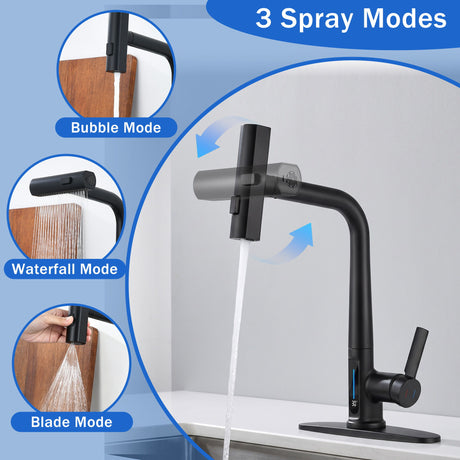 Matte Black Pull-Out Kitchen Faucet With Sprayer, Kitchen Sink Faucet With 3 Spray Modes, Battery-Free LED Temperature Display, 360 Degrees Swivel Spout, Fits 1 Or 3 Hole Sink