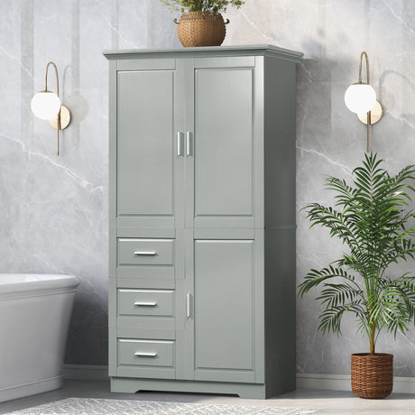 Tall And Wide Storage Cabinet With Doors For Bathroom Or Office, 3 Drawers - Gray