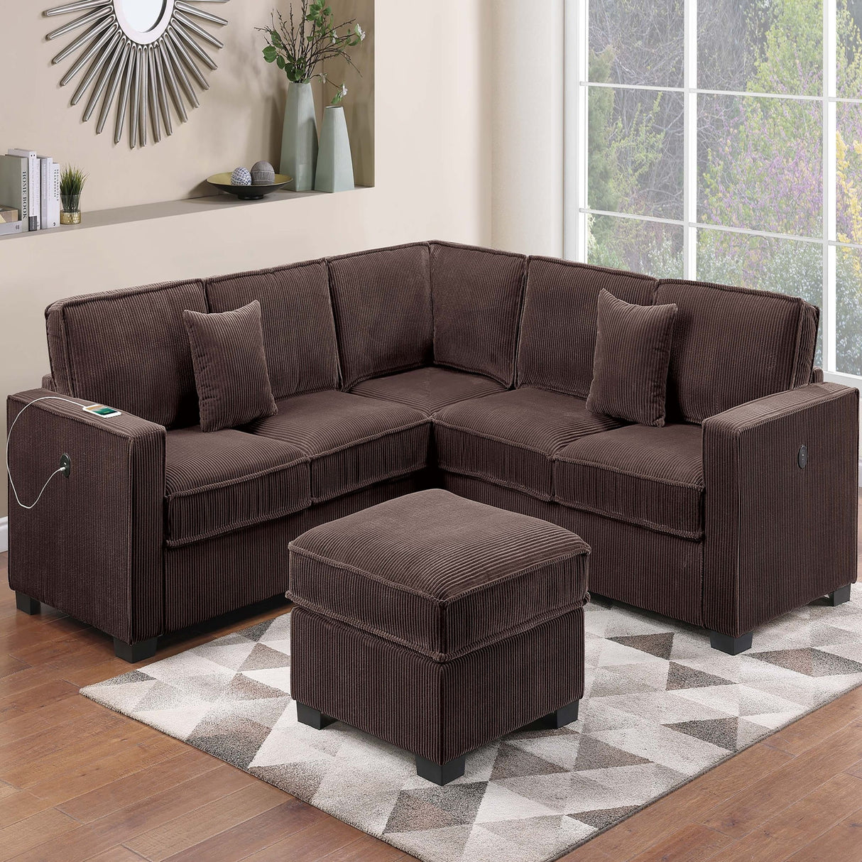 4 Piece Sectional Set With USB Ports, Left Arm Facing / Right Arm Facing Loveseat, Corner Wedge, Cocktail Ottoman, 2 Pillows - Chocolate