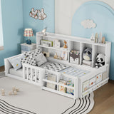 Platform Bed Frame With Guardrail, Storage Shelves & Bookshelf