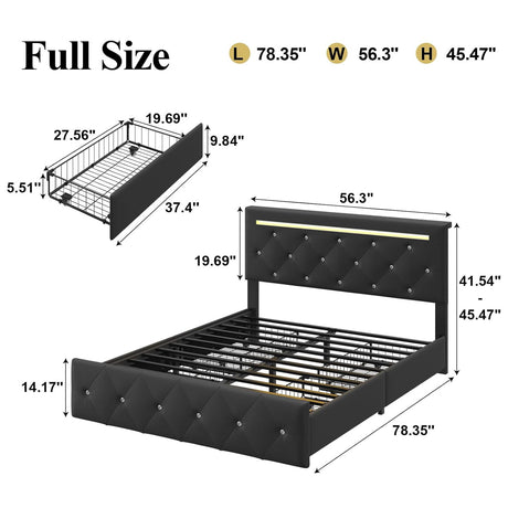 Upholstered Bed Frame With LED Lights, 4 Storage Drawers, Charging Station