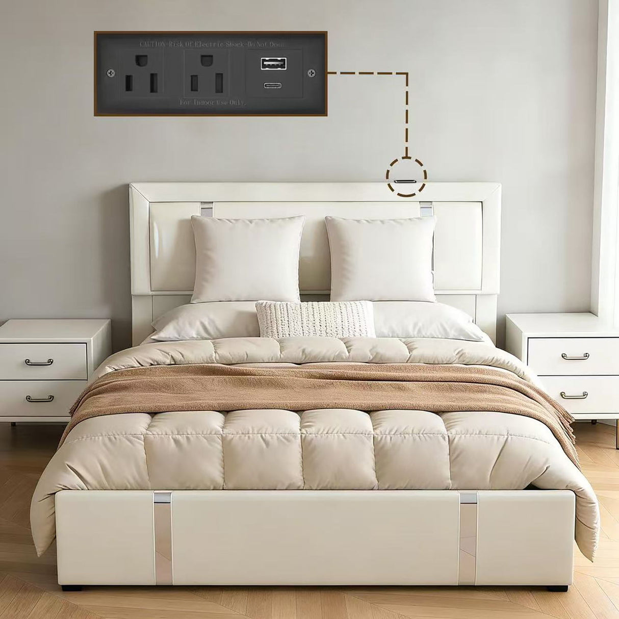 Upholstered Platform Bed Frame With Adjustable LED Headboard, USB C-Charging, Hydraulic Lift