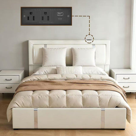 Upholstered Platform Bed Frame With Adjustable LED Headboard, USB C-Charging, Hydraulic Lift