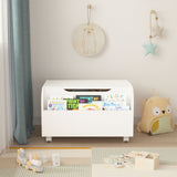 Toy Box With 4 Universal Wheels, Kids Playroom Storage Organizer With Front Bookshelf, Flip Top Lid, Safety Hinge - White